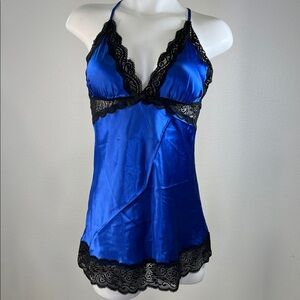 Seven ‘til Midnight Satin Blue Enchanting Chemise with Black Lace MEDIUM